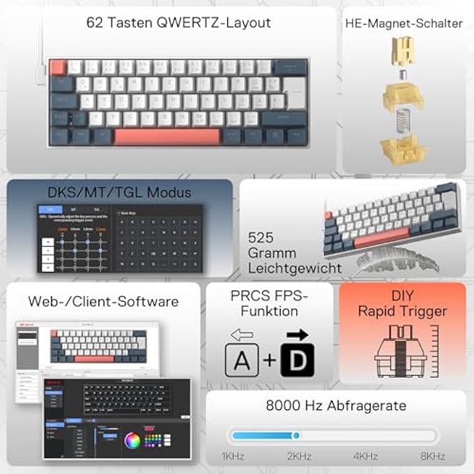 rayihni K617 HE 8000HZ RAPID TRIGGER KEYBOARD, QWERTZ LAYOUT WIRED RGB 60% GAMING KEYBOARD WITH MAGNETIC SWITCHES, ULTRA COMPACT 62 KEYS, ADJUSTABLE OPERATING WAY, SOFTWARE SUPPORTED - Image 2