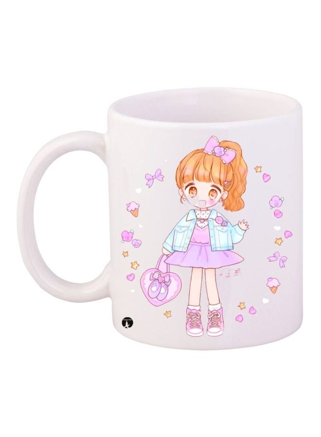RYN Anime Girl Printed Coffee Mug White/Pink/Brown 11ounce