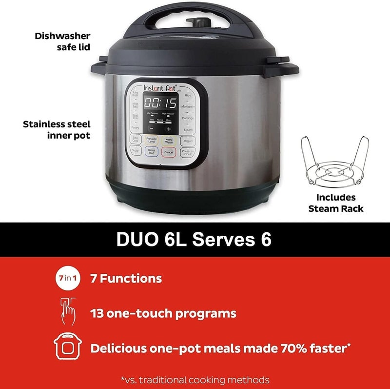 Instant Pot DUO6, 1000W 7-in-1 Smart Multi Cooker, 5.7L Electric Pressure Cooker, Slow Cooker, Rice Cooker, Sauté Pan, Yoghurt Maker, Steamer and Food Warmer, 2 Years Manufacturer's Warranty - Image 3