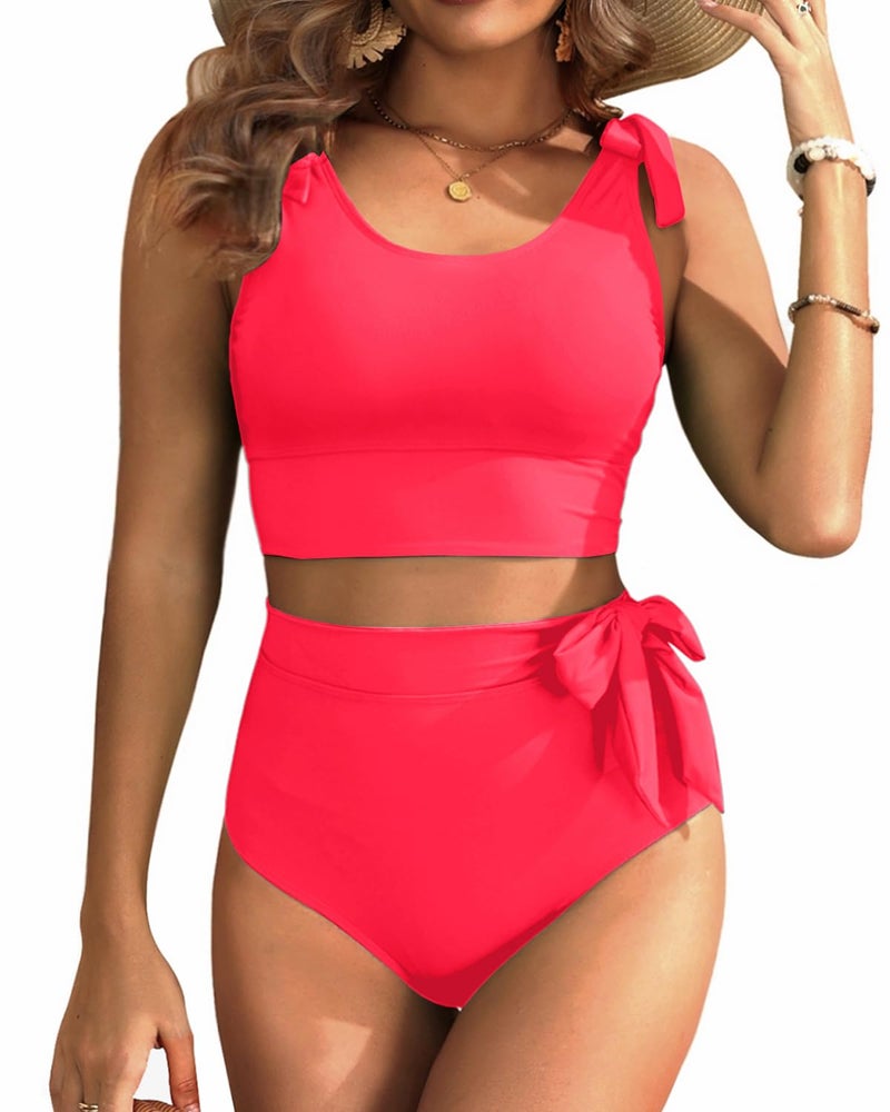 Yonique Two Piece High Waisted Swimsuits - Women Tummy Control Bikini Modest Bathing Suit 2PC 2025 Hot Red M - Image 1