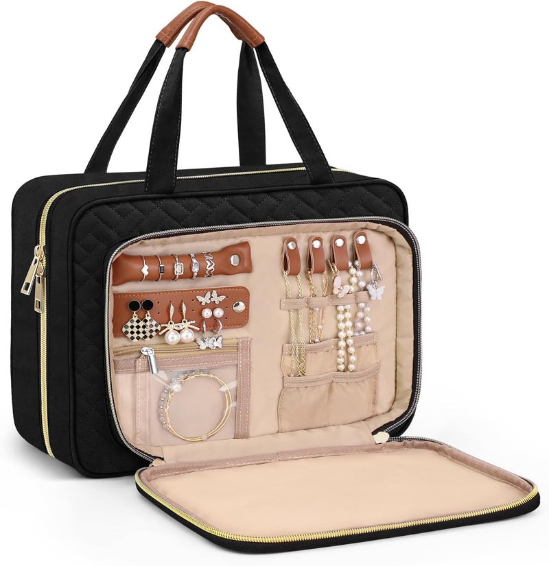 Wedama Toiletry Bag for Women, Hanging Travel Toiletry Bag with Jewelry Organizer Compartment Medium Makeup Bag, PVC Waterproof Cosmetic Travel Bag Trips Camping Bathroom, Black+Brown - Image 1