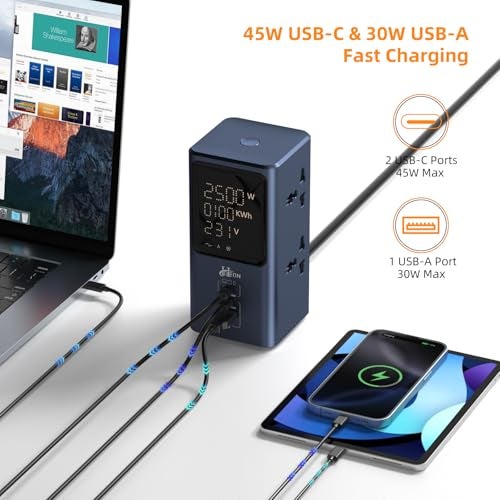 Hoteon Tower Extension Board with Surge Protection, 45W USB-C PD Fast Charging (GaN), 10A/2500W Power Strip (Spike Guard), 4 AC Sockets, 2 USB-C + 1 USB-A, Indian 3-Pin Plug, 2m Extension Cord Indoor - Image 3