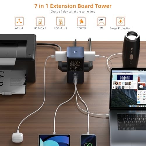 Hoteon Tower Extension Board with Surge Protection, 45W USB-C PD Fast Charging (GaN), 10A/2500W Power Strip (Spike Guard), 4 AC Sockets, 2 USB-C + 1 USB-A, Indian 3-Pin Plug, 2m Extension Cord Indoor - Image 2