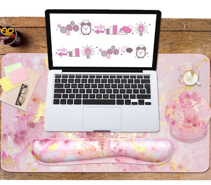 Yunoble 4-in-1 Gaming Mouse Pad Wrist Support Setï¼ŒDesk Pad + Mouse Pad with Wrist Rest + Keyboard Wrist Rest + Coaster, Ergonomic Design for Home Office Study Game - Pink - Image 5