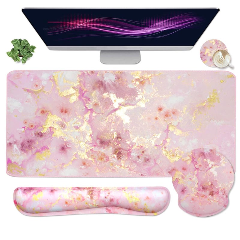 Yunoble 4-in-1 Gaming Mouse Pad Wrist Support Setï¼ŒDesk Pad + Mouse Pad with Wrist Rest + Keyboard Wrist Rest + Coaster, Ergonomic Design for Home Office Study Game - Pink - Image 1