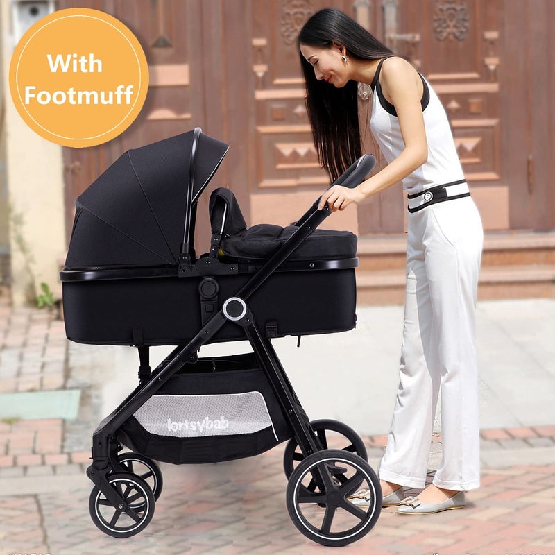 Lortsybab 2-in-1 Baby Stroller - Folding Infant Newborn Pram Stroller with Reversible Seat - Toddler Strollers for 0-36 Months Old Babies - Image 4