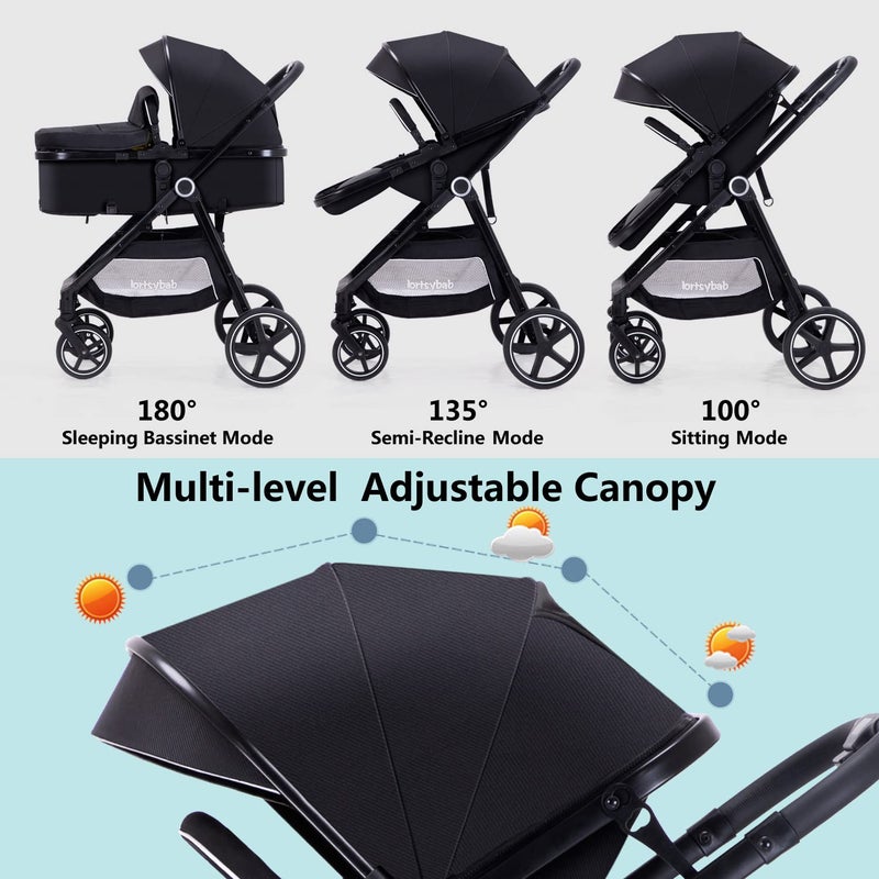 Lortsybab 2-in-1 Baby Stroller - Folding Infant Newborn Pram Stroller with Reversible Seat - Toddler Strollers for 0-36 Months Old Babies - Image 2