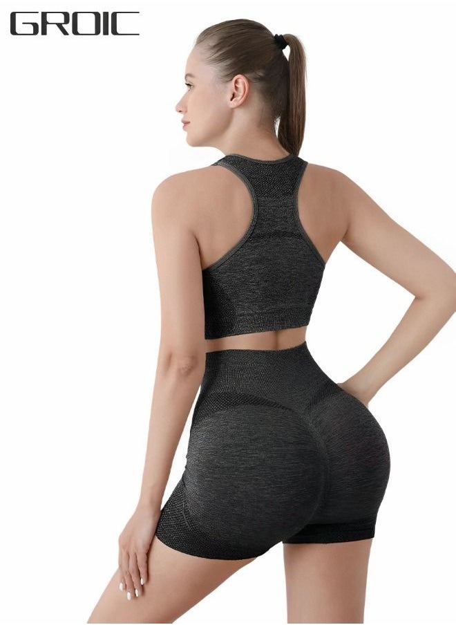 GROIC Women's Seamless Workout Sets 2 Pieces Outfit High Waist Gym Shorts Sports Bra Activewear Sets for Yoga Workout  - Image 1