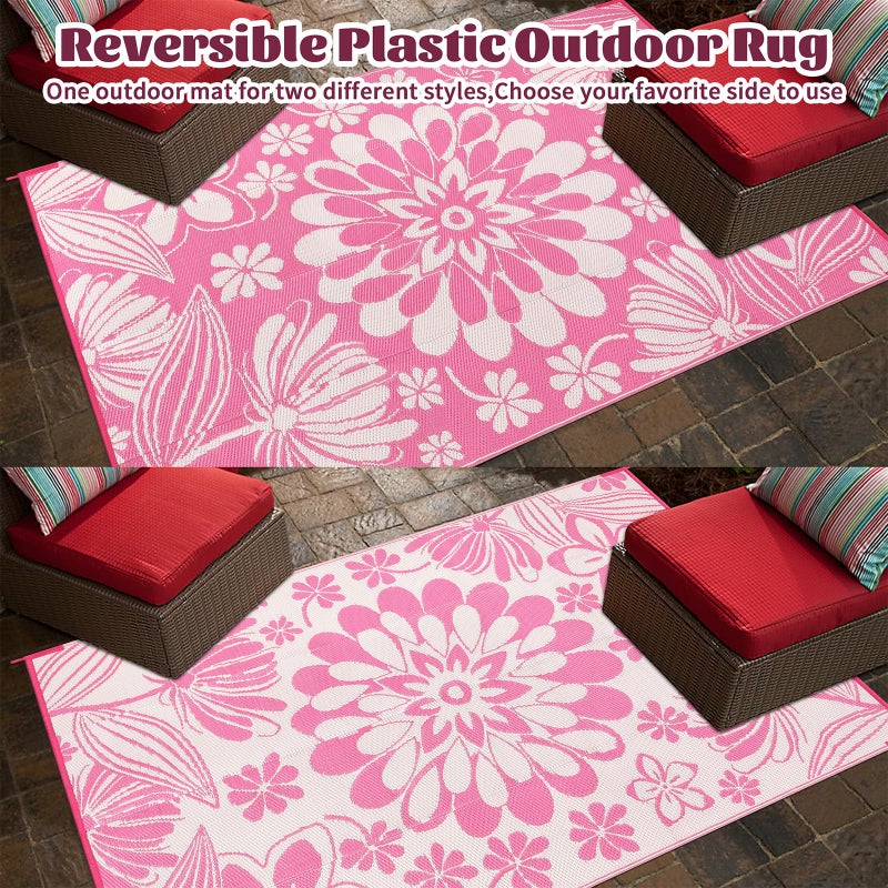 Ileading Outdoor Plastic Straw Rug 6x9ft Funny Floral Style Reversible Patio Area Rugs Waterproof Non Shedding Portable Carpets for Rv Outside Deck Pool Beach Picnic Camping (Pink) - Image 3
