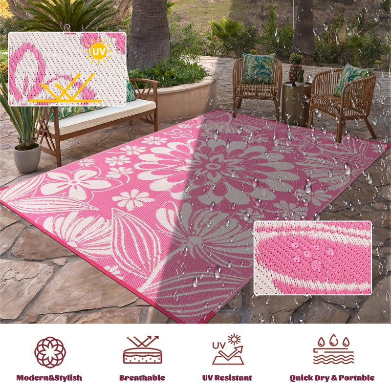 Ileading Outdoor Plastic Straw Rug 6x9ft Funny Floral Style Reversible Patio Area Rugs Waterproof Non Shedding Portable Carpets for Rv Outside Deck Pool Beach Picnic Camping (Pink) - Image 4