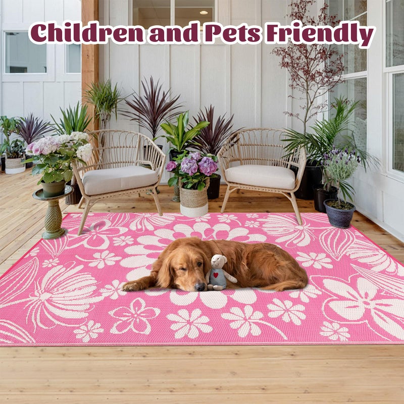 Ileading Outdoor Plastic Straw Rug 6x9ft Funny Floral Style Reversible Patio Area Rugs Waterproof Non Shedding Portable Carpets for Rv Outside Deck Pool Beach Picnic Camping (Pink) - Image 2