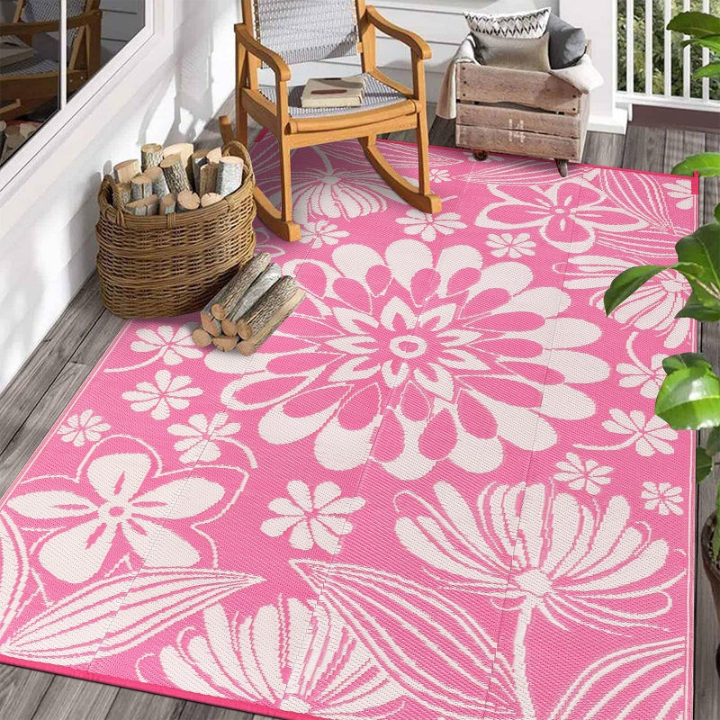 Ileading Outdoor Plastic Straw Rug 6x9ft Funny Floral Style Reversible Patio Area Rugs Waterproof Non Shedding Portable Carpets for Rv Outside Deck Pool Beach Picnic Camping (Pink) - Image 1