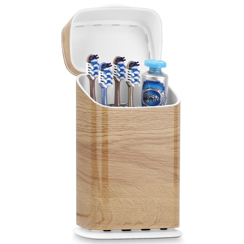 GFWARE Toothbrush Holders with Cover - 5 Slots Toothbrush and Toothpaste Holde Kids Tooth Brush Holder for Bathroom, Detachable Bathroom Sink Organizer countertop, Wood - Image 1