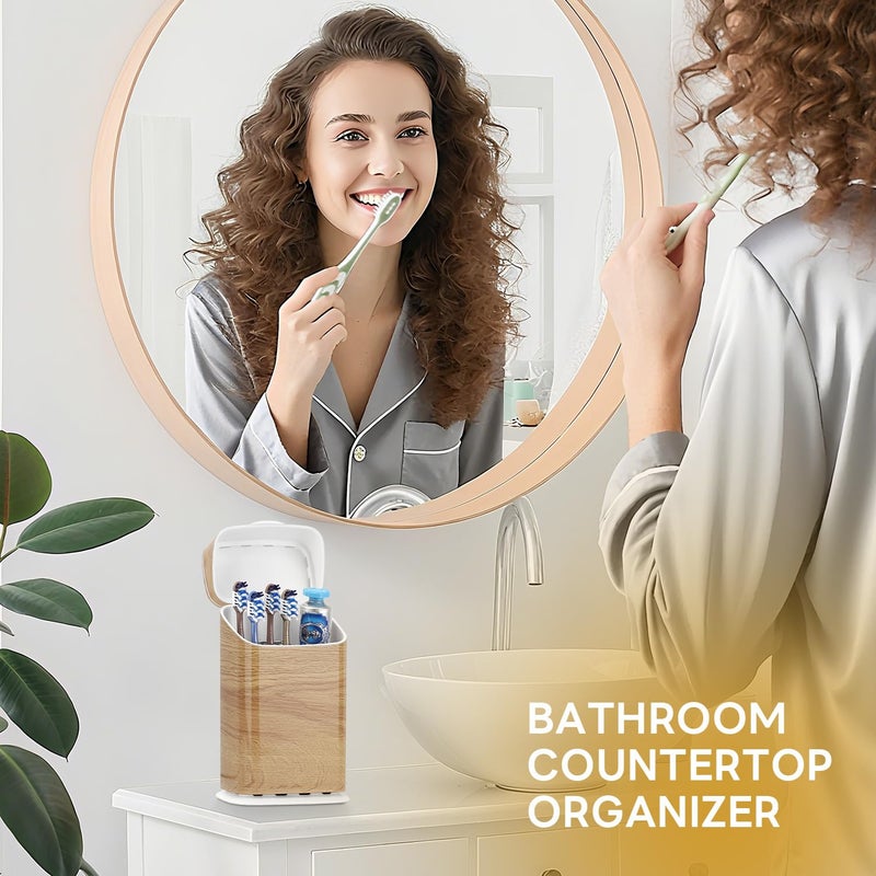 GFWARE Toothbrush Holders with Cover - 5 Slots Toothbrush and Toothpaste Holde Kids Tooth Brush Holder for Bathroom, Detachable Bathroom Sink Organizer countertop, Wood - Image 4