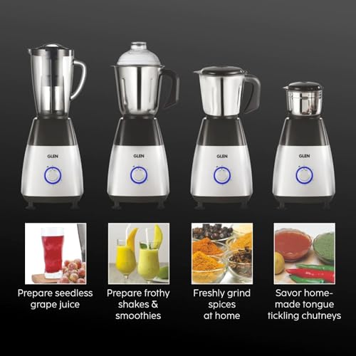 Glen Mixer Grinder 750W With 1 Transparent Jar 3 Stainless Steel Jars - Black & Silver (4023 PLATINUM) - Image 2
