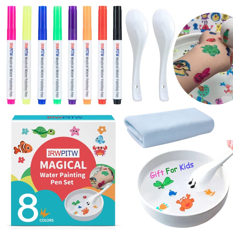 IRWPITW Magic Drawing Pen Bundle 8 Colors Magical Water Painting Pens for Kids Kiddies Create Magic Pen Floating Ink Drawings Set with Spoons and Towel Tattoo Water Marker Gifts for Boys and Girls - Image 2