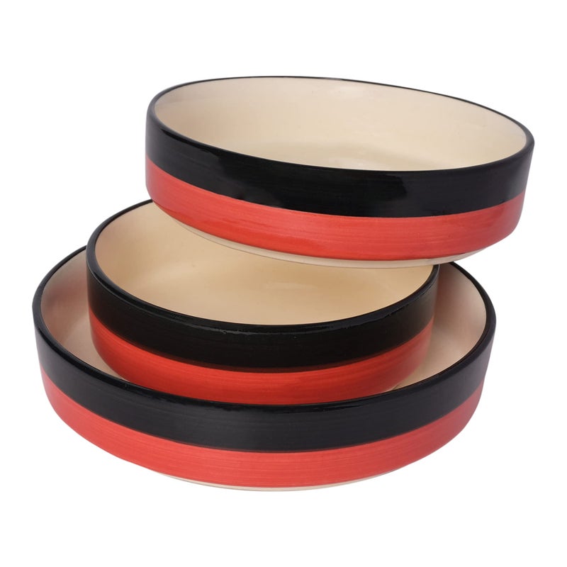 SG Shadowgreen ShadowGreen | Ceramic Salad Bowl/Tray | Deep Dish Tray | Serving Snacks Bowl | Set of 3 | 3 Different Sizes (7.5inch 6.5inch 5.5inch) | Red Black Design - Image 1