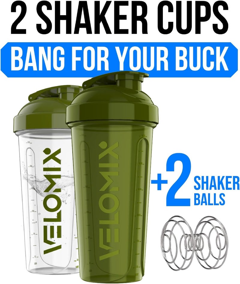 VELOMIX -2 Pack- 28 oz Protein Shaker Bottles for Protein Mixes - 2x Wire Whisk | Leak Proof Shaker Cups for Protein Shakes and Pre Workout | Protein Shaker Bottle Pack (Forest Green) - Image 2