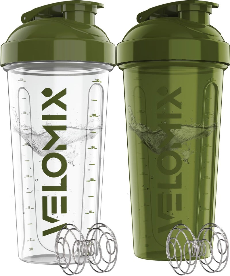 VELOMIX -2 Pack- 28 oz Protein Shaker Bottles for Protein Mixes - 2x Wire Whisk | Leak Proof Shaker Cups for Protein Shakes and Pre Workout | Protein Shaker Bottle Pack (Forest Green) - Image 1