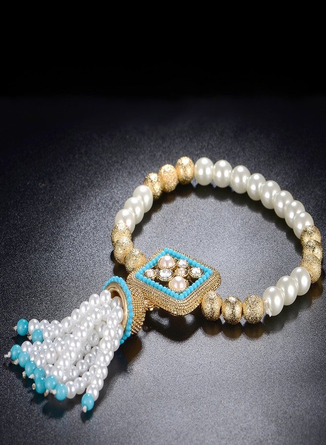 Mytys Boho Chic Pearl Stretch Bracelet with Decorative Crystal-Embellished Centerpiece - Stylish Statement Bangle - Image 2