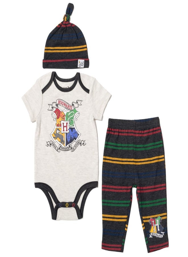 Harry Potter Gryffindor Hufflepuff Ravenclaw Infant Baby Boys Bodysuit Pants and Hat 3 Piece Outfit White/Gray 18 Months - Image 1