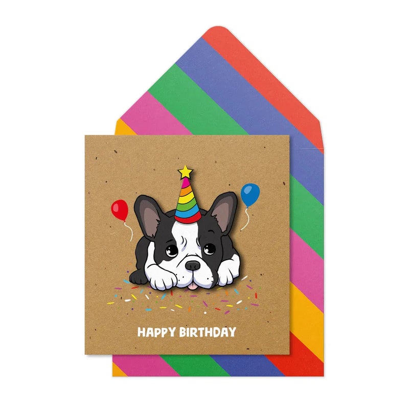 Tache Happy Birthday Greeting Card Blank Inside, French Bulldog Balloons Design - Image 1