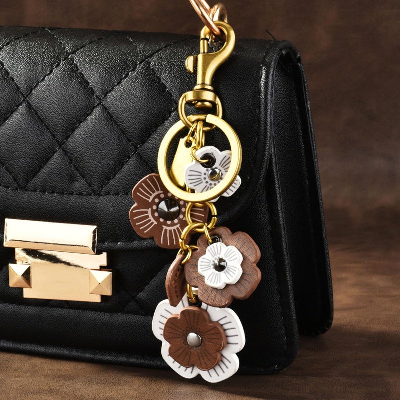 Spenlly Leather Flower Bag Charm for Women, Cute Floral Keychain Car Hanging Keyring Purse Charm Decoration for Handbags (Black) - Image 2