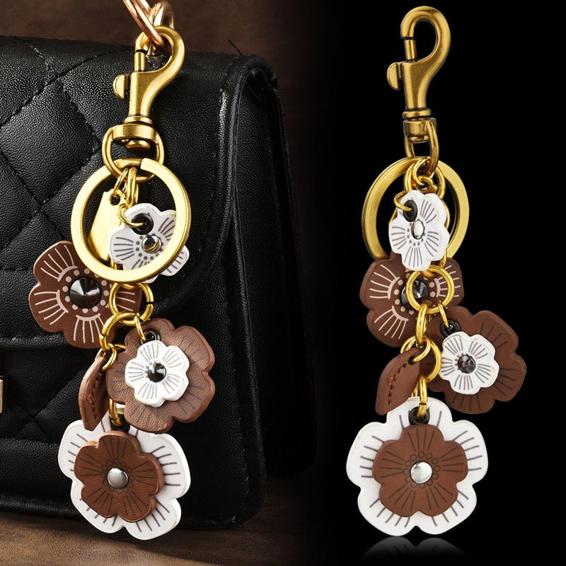 Spenlly Leather Flower Bag Charm for Women, Cute Floral Keychain Car Hanging Keyring Purse Charm Decoration for Handbags (Black) - Image 3
