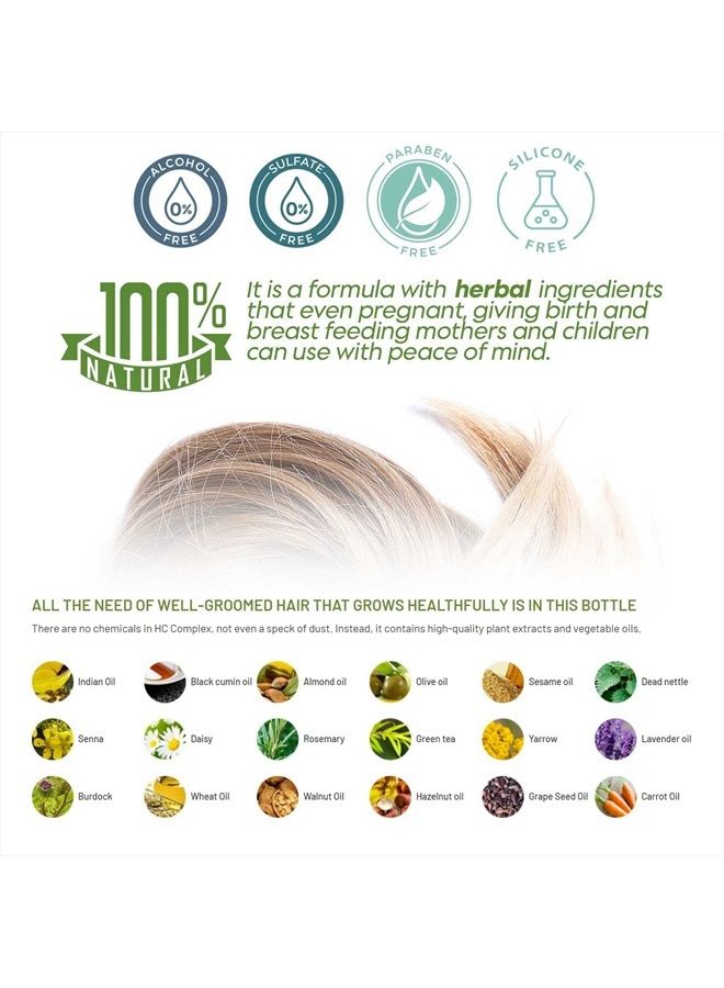 HC Care لوشن العناية بالشعر العشبي HC COMPLEX 100% 3.5 أونصة سائلة. سيروم تقوية الشعر المضاد للتجاعيد طبيعي بالكامل | لجميع أنواع الشعر التالف والجاف والسميك والرقيق | قناع مغذي لنمو الشعر وتنعيمه - Image 2