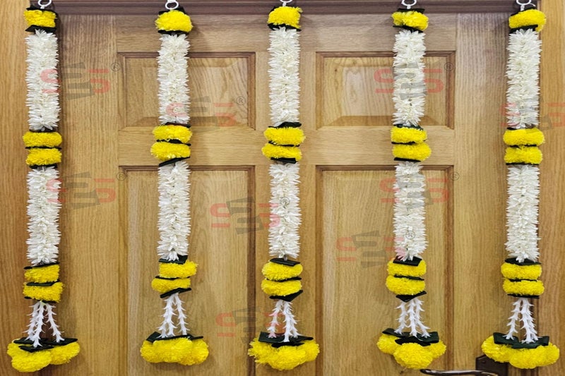 S2S Artificial Marigold Jasmine,Mogra Flower,Green Leaves Tassles Garlands Ladi Strings for Decoration of Home,Balcony,Wall Hangings,Hall | Pack of 5 | (Height- 30 Inch) (GAJRA LADI Yellow) - Image 1