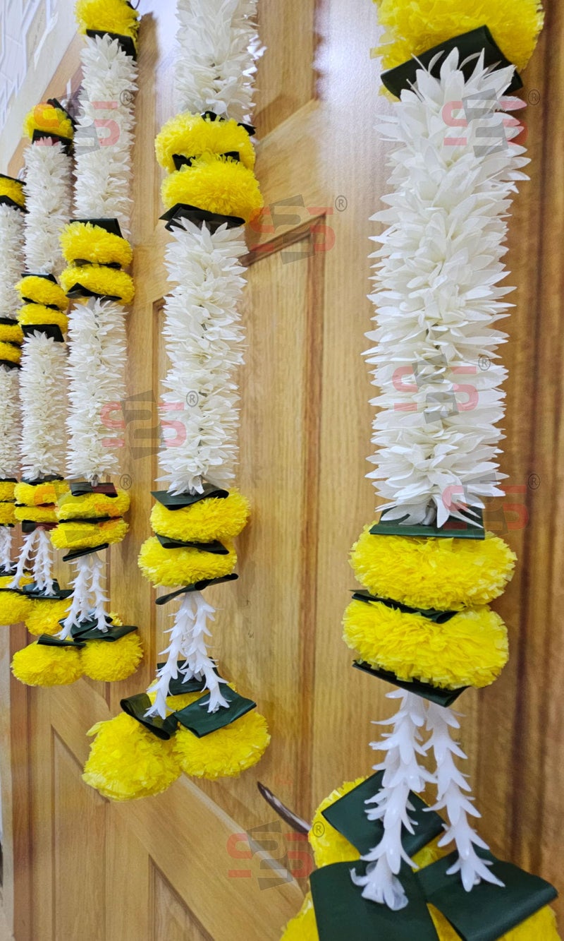 S2S Artificial Marigold Jasmine,Mogra Flower,Green Leaves Tassles Garlands Ladi Strings for Decoration of Home,Balcony,Wall Hangings,Hall | Pack of 5 | (Height- 30 Inch) (GAJRA LADI Yellow) - Image 2