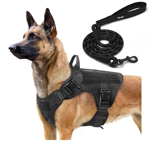 WapaW Dog Harness No-Pull Pet Harness Adjustable Outdoor Pet Vest 3M Reflective Oxford Material Vest for Dogs Easy Control for Small Medium Large Dogs (Tactical Black, Large (Harness + Leash)) - Image 1