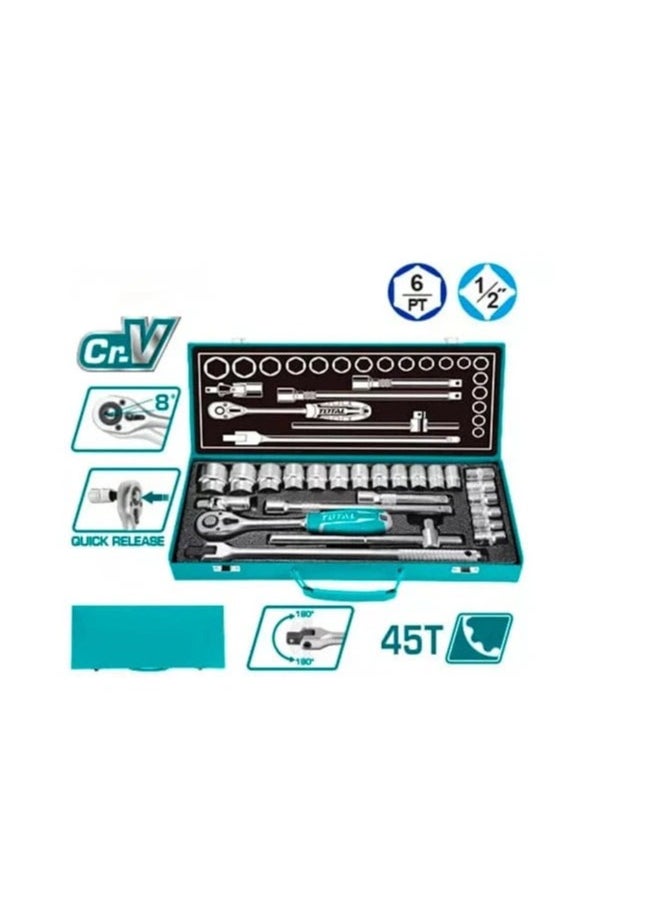 TOTAL - Total 24 PCS 1/2" Socket Set - Includes 18 Sockets (10mm-32mm), 2 Extension Bars, Ratchet Handle, Flexible & Sliding T-Bar, Universal Joint, Cr-V Heat Treated, Chromed Plated - THT121242 - Image 1