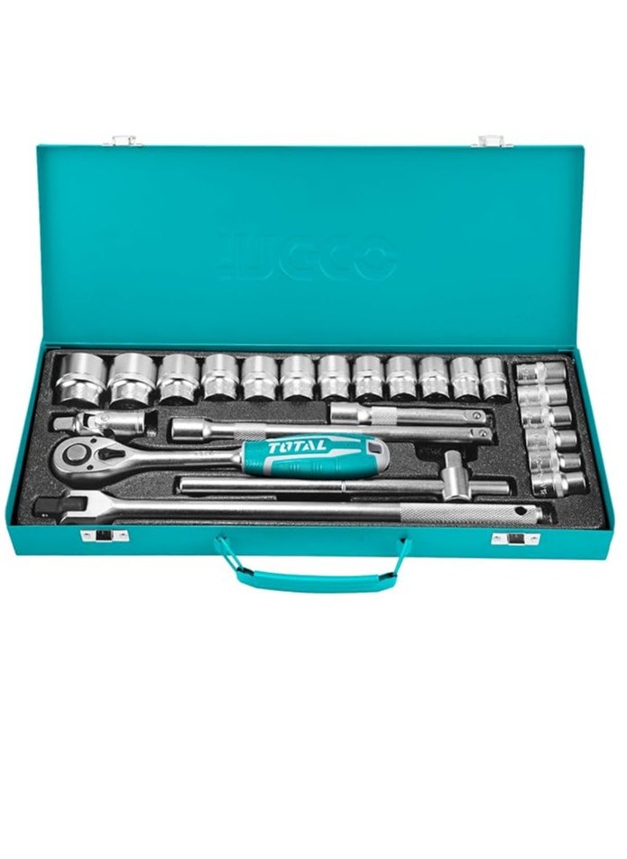 TOTAL - Total 24 PCS 1/2" Socket Set - Includes 18 Sockets (10mm-32mm), 2 Extension Bars, Ratchet Handle, Flexible & Sliding T-Bar, Universal Joint, Cr-V Heat Treated, Chromed Plated - THT121242 - Image 1