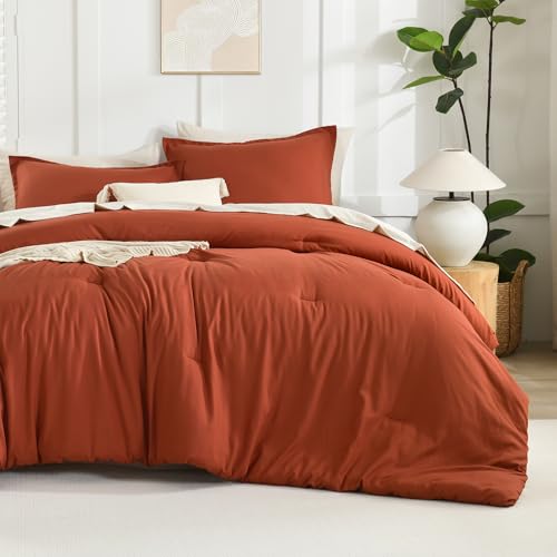 Litanika Litanika Comforter King Size Bed Set Burnt Orange 3 Pieces Terracotta Boho Lightweight Fluffy Solid Bedding Comforter Set Rust All Season 104x90In Comforter  2 Pillowcases 