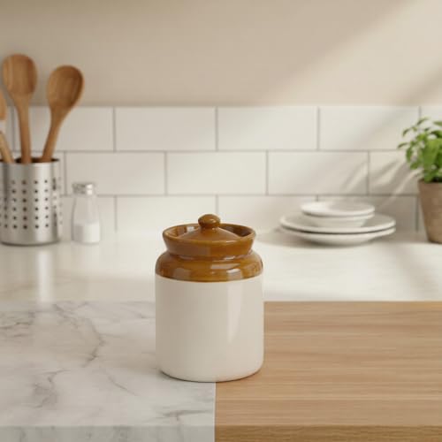 Caffeine Ceramic Handmade Stonwear Mustard And Cream Barni/Pickle Jar (Set of 1) - Image 1