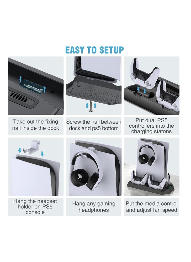 XICEN - XICEN PS5 Stand with Cooling Station and Dual Controller Charging Station for PS5 Digital Edition, PS5 Disc Version, PS5 Cooling Fan with Headset Holder and 3 Adjustable Fan Speeds (Black) - Image 1