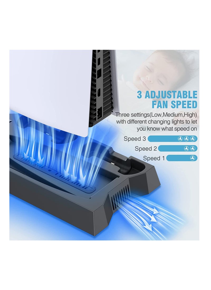 XICEN - XICEN PS5 Stand with Cooling Station and Dual Controller Charging Station for PS5 Digital Edition, PS5 Disc Version, PS5 Cooling Fan with Headset Holder and 3 Adjustable Fan Speeds (Black) - Image 1