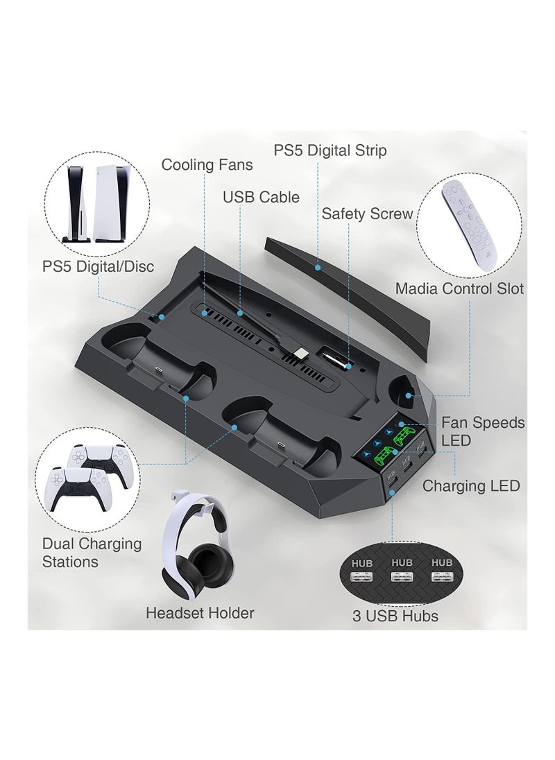 XICEN - XICEN PS5 Stand with Cooling Station and Dual Controller Charging Station for PS5 Digital Edition, PS5 Disc Version, PS5 Cooling Fan with Headset Holder and 3 Adjustable Fan Speeds (Black) - Image 1