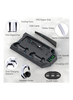 XICEN XICEN PS5 Stand with Cooling Station and Dual Controller Charging Station for PS5 Digital Edition, PS5 Disc Version, PS5 Cooling Fan with Headset Holder and 3 Adjustable Fan Speeds (Black)  - Image 3