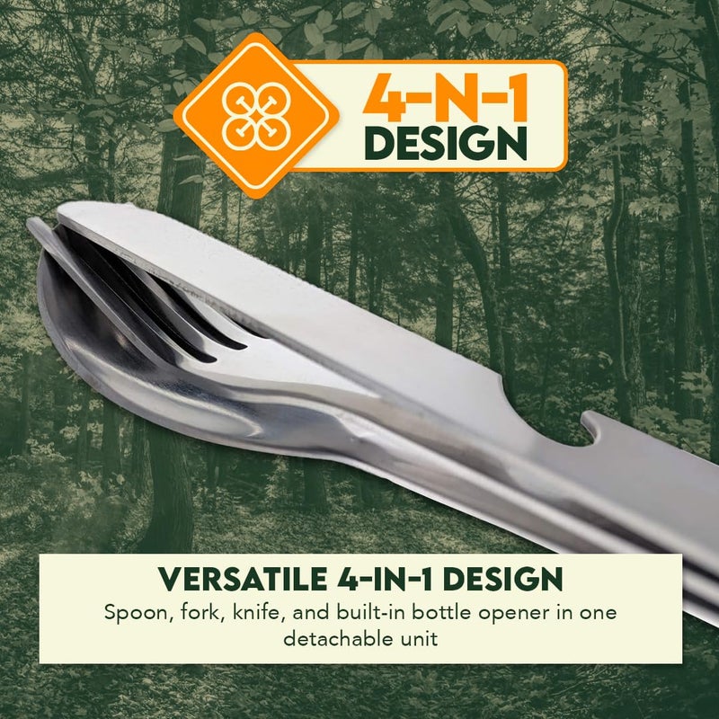 SE 4-in-1 Detachable Stainless Steel Utensil Set - Spoon, Fork, Knife, Bottle Opener - 6.5" Length, Compact for Camping, Hiking, Travel - Includes Clear Pouch - KC7043FSK - Image 5
