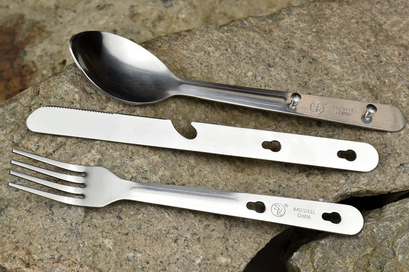 SE 4-in-1 Detachable Stainless Steel Utensil Set - Spoon, Fork, Knife, Bottle Opener - 6.5" Length, Compact for Camping, Hiking, Travel - Includes Clear Pouch - KC7043FSK - Image 2