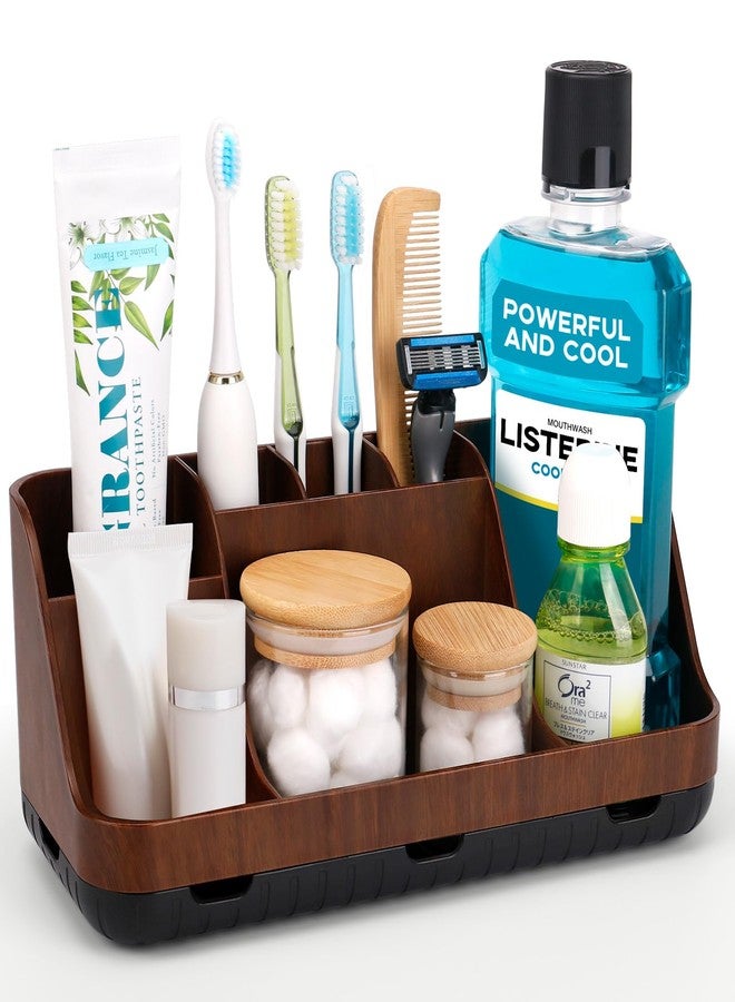 GFWARE Wood Toothbrush Holders for Bathrooms Countertop Organizer - Detachable 7 Slots Kid Bathroom Decor and Accessories, Wooden Bathroom Sink Storage Organization, Caddy, Tray, Brown - Image 1
