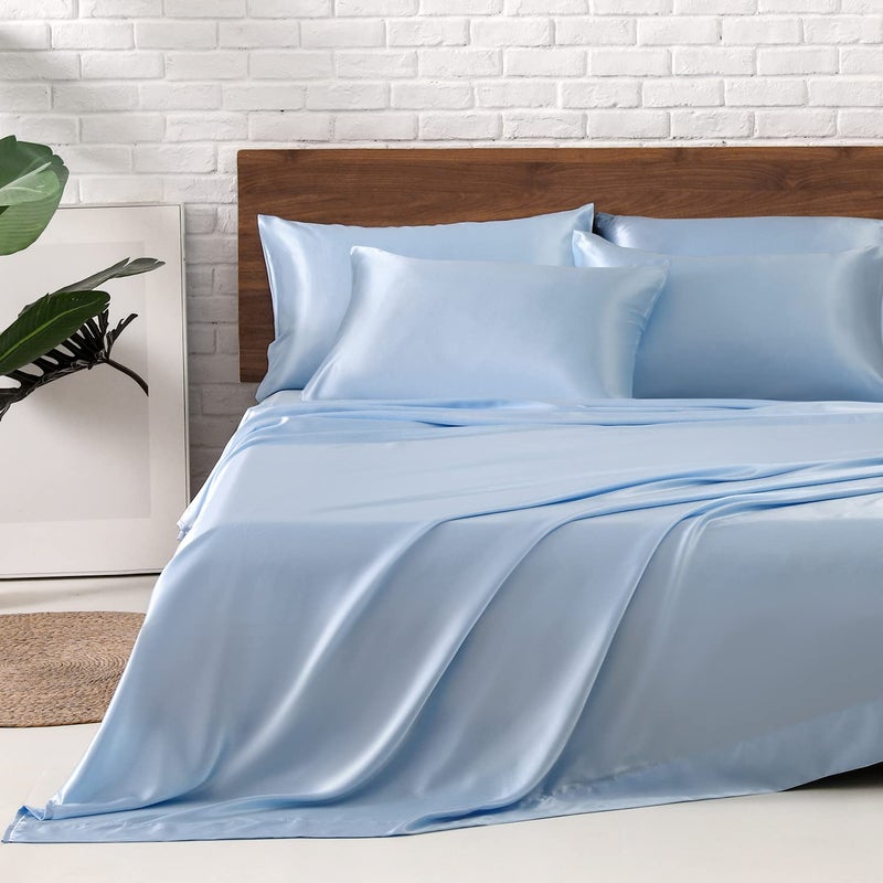 MRHM Satin Bed Sheets Queen Size Sheets Set 6 Pcs Silky Bedding Set with 15 Inches Deep Pocket for MattressQueen Light Blue