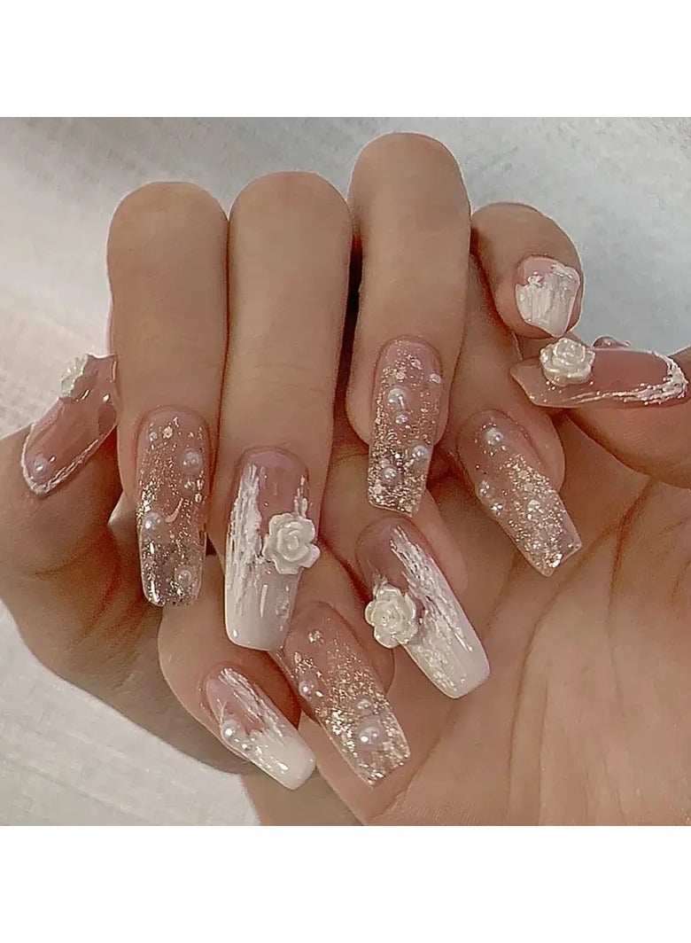 ORiTi 24 قطعة أظافر صناعية فن الأظافر لاصق، أظافر لامعة متدرجة لاصقة، لاصقات ماسية مزيفة من الكاميليا، لامعة مانكير - Image 1