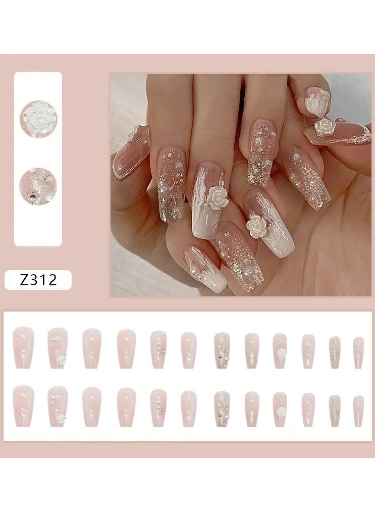 ORiTi 24 قطعة أظافر صناعية فن الأظافر لاصق، أظافر لامعة متدرجة لاصقة، لاصقات ماسية مزيفة من الكاميليا، لامعة مانكير - Image 3