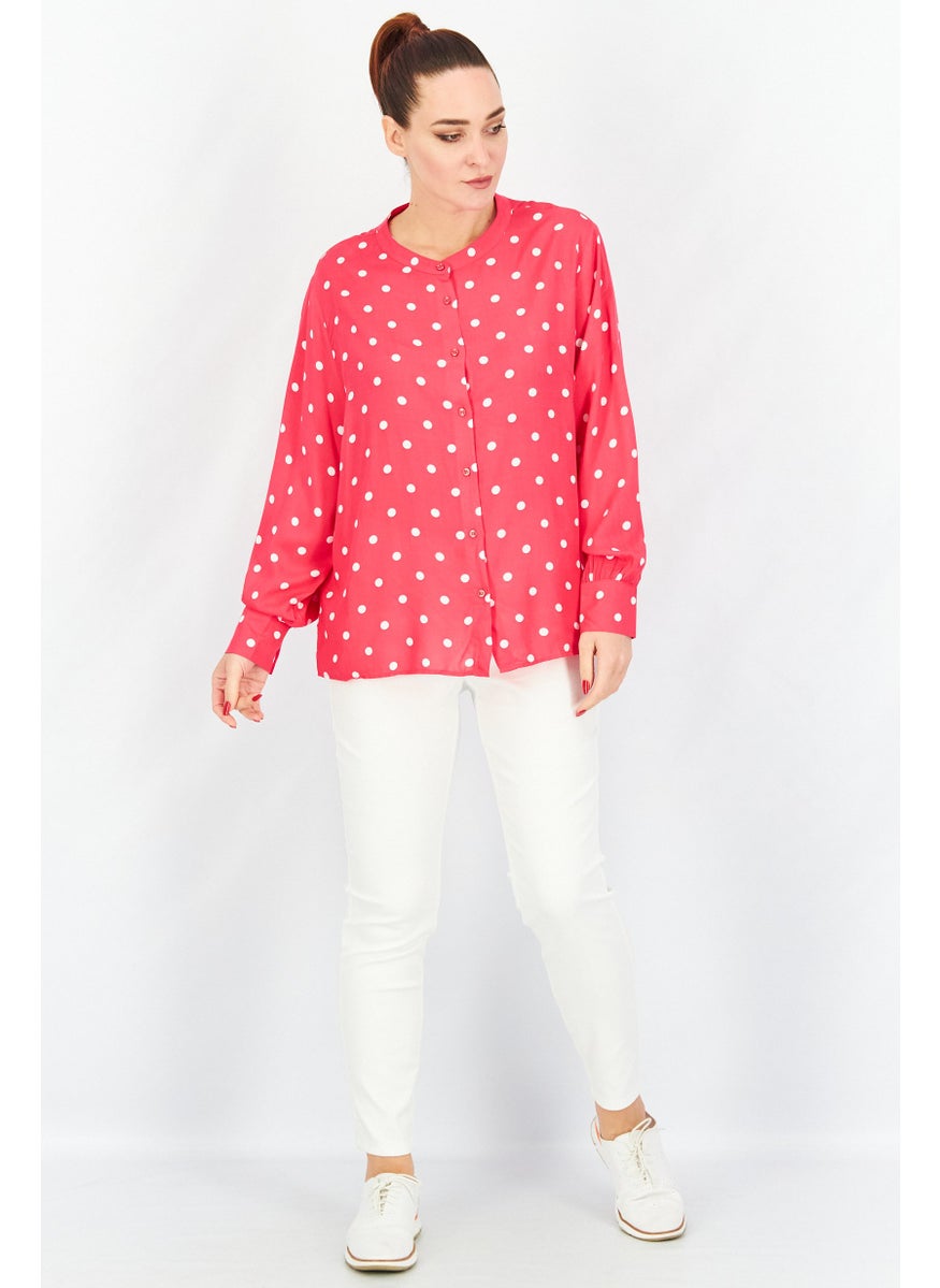 Tchibo Women Crew Neck Long Sleeve Polka Dot Blouse, Hot Pink  - Image 3