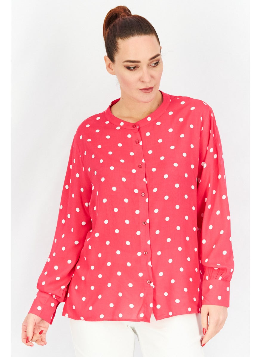 Tchibo Women Crew Neck Long Sleeve Polka Dot Blouse, Hot Pink  - Image 1