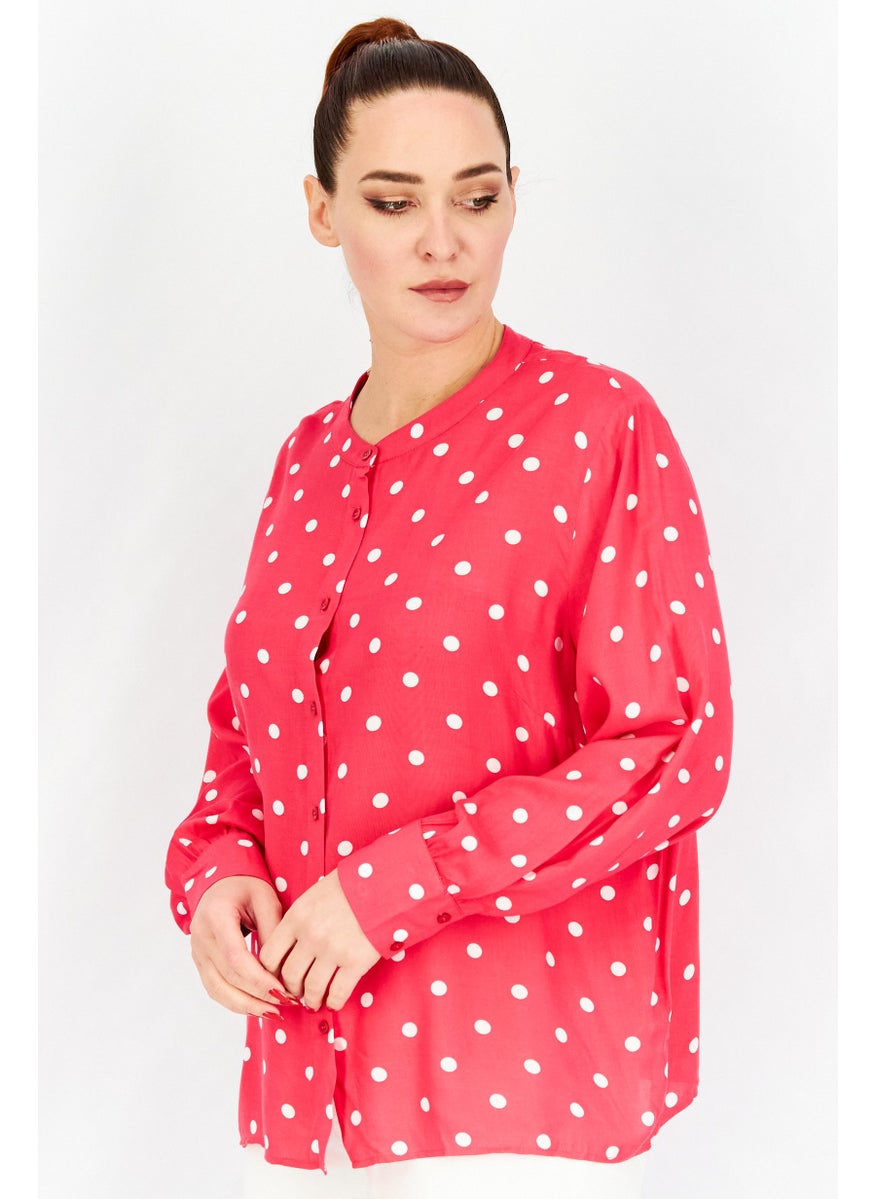 Tchibo Women Crew Neck Long Sleeve Polka Dot Blouse, Hot Pink  - Image 2