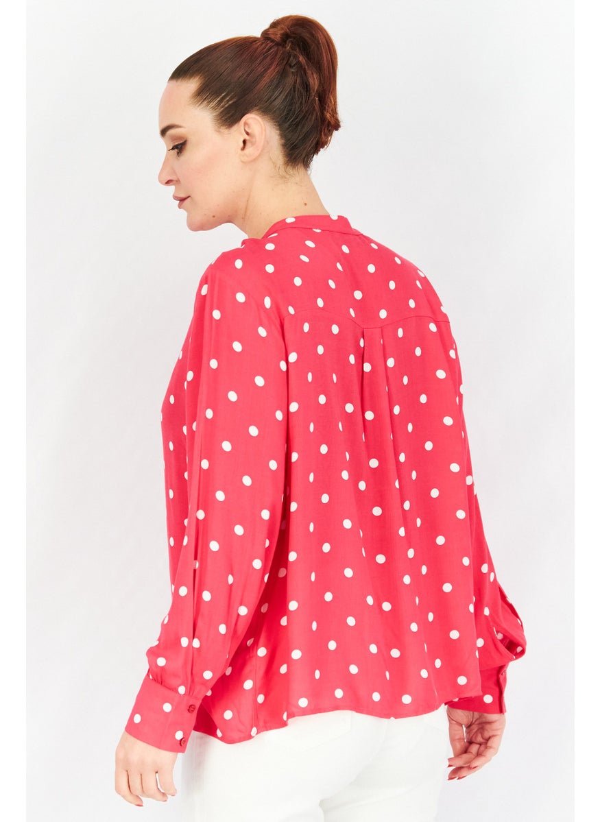 Tchibo Women Crew Neck Long Sleeve Polka Dot Blouse, Hot Pink  - Image 4